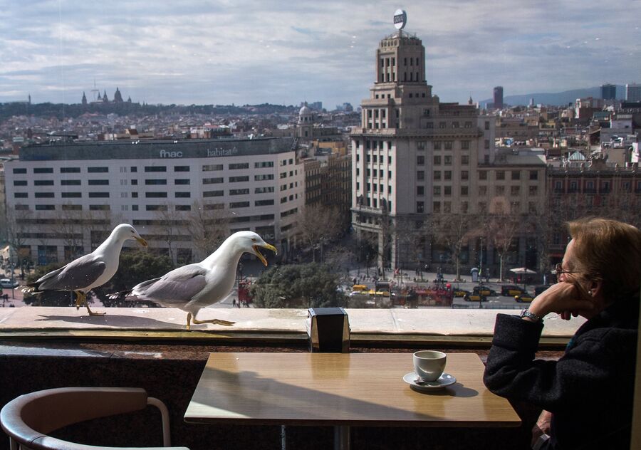 Женщина в кафе напротив площади Plaza de Espana