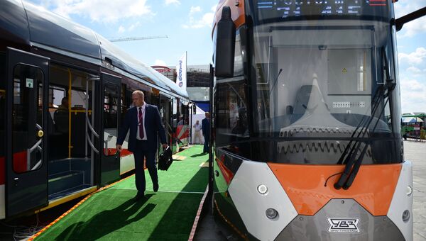 Трамвай 71-415 на выставке Иннопром-2018. 9 июля 2018
