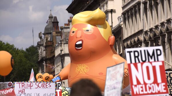 Участники акции против визита президента США Дональда Трампа в Великобританию на Площади Парламента в Лондоне