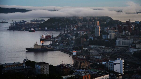 Вид на центр города вечером с сопки Орлиное гнездо во Владивостоке