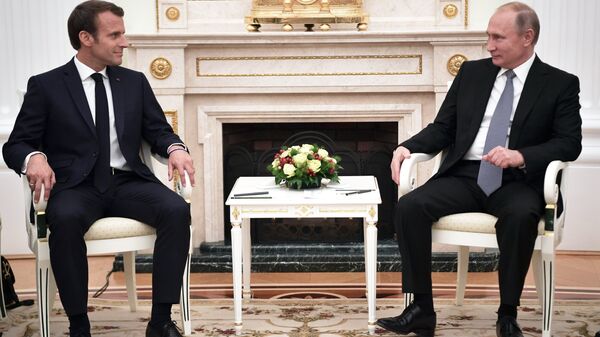 Президент РФ Владимир Путин и президент Франции Эммануэль Макрон (слева) во время встречи. Архивное фото