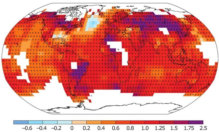 Изменение температуры (градусы Цельсия) на планете за 1901-2012 годы. Холодный пузырь – под Гренландией Изменение температуры (градусы Цельсия) на планете за 1901-2012 годы. Холодный пузырь – под Гренландией