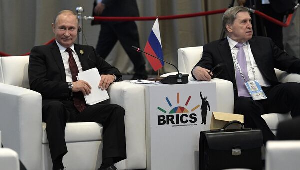 Владимир Путин принимает участие во встрече лидеров БРИКС по вопросам развития БРИКС и приоритетов стратегического партнерства. 27 июля 2018