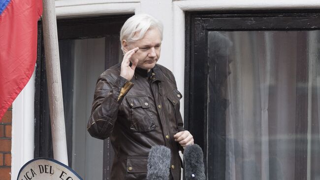 Сооснователь WikiLeaks Джулиан Ассанж на балконе здания посольства Эквадора в Лондоне. Архивное фото