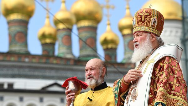 Патриарх Московский и всея Руси Кирилл во время празднования 1030-летия Крещения Руси. 28 июля 2018