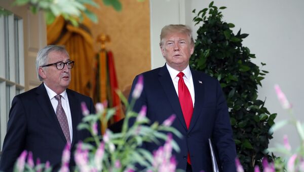 Председатель Европейской комиссии Жан-Клод Юнкер и президент США Дональд Трамп перед пресс-конференцией в Розовом саду Белого дома, Вашингтон, США. 25 июля 2018