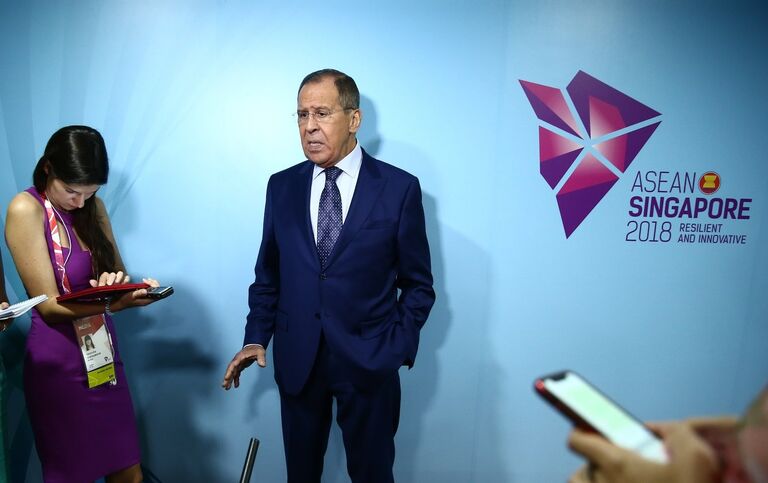 Министр иностранных дел России Сергей Лаврова на пресс-конференции по итогам Совещания министров иностранных дел Россия-АСЕАН, Сингапур, 2 августа 2018 года