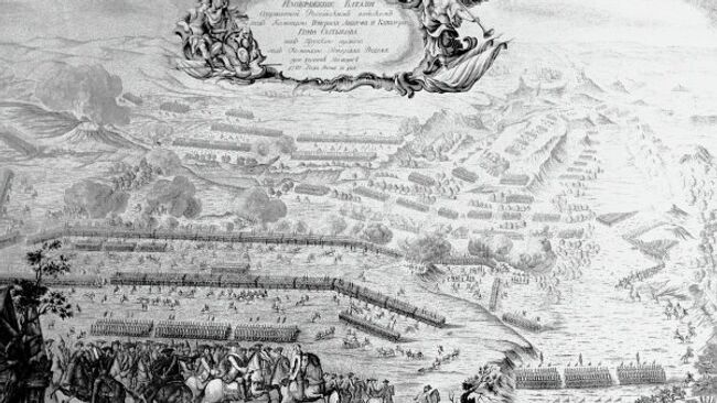 Семилетняя война 1756-1763 годов. Битва при Пальциге 12 июня 1759 года. Гравюра Н.Саблина