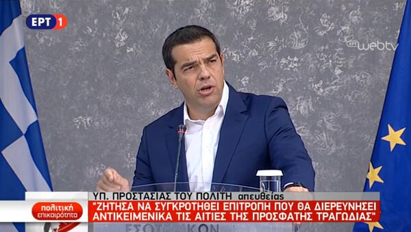 Премьер-министр Греции Алексис Ципрас во время выступления по вопросам реформы системы гражданской обороны. 9 августа 2018