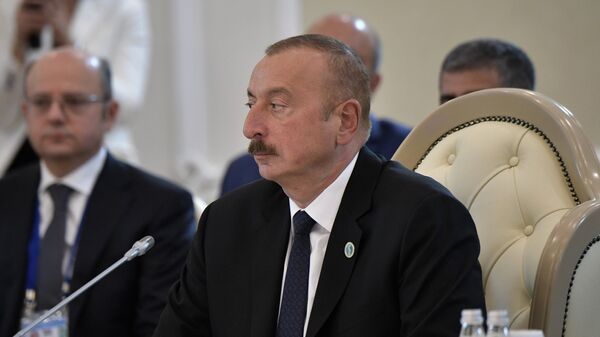 Президент Азербайджана Ильхам Алиев на встрече глав государств-участников V Каспийского саммита в Актау. 12 августа 2018