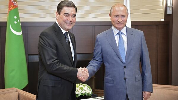 Президент РФ Владимир Путин и президент Туркменистана Гурбангулы Бердымухамедов во время встречи в Сочи. 
