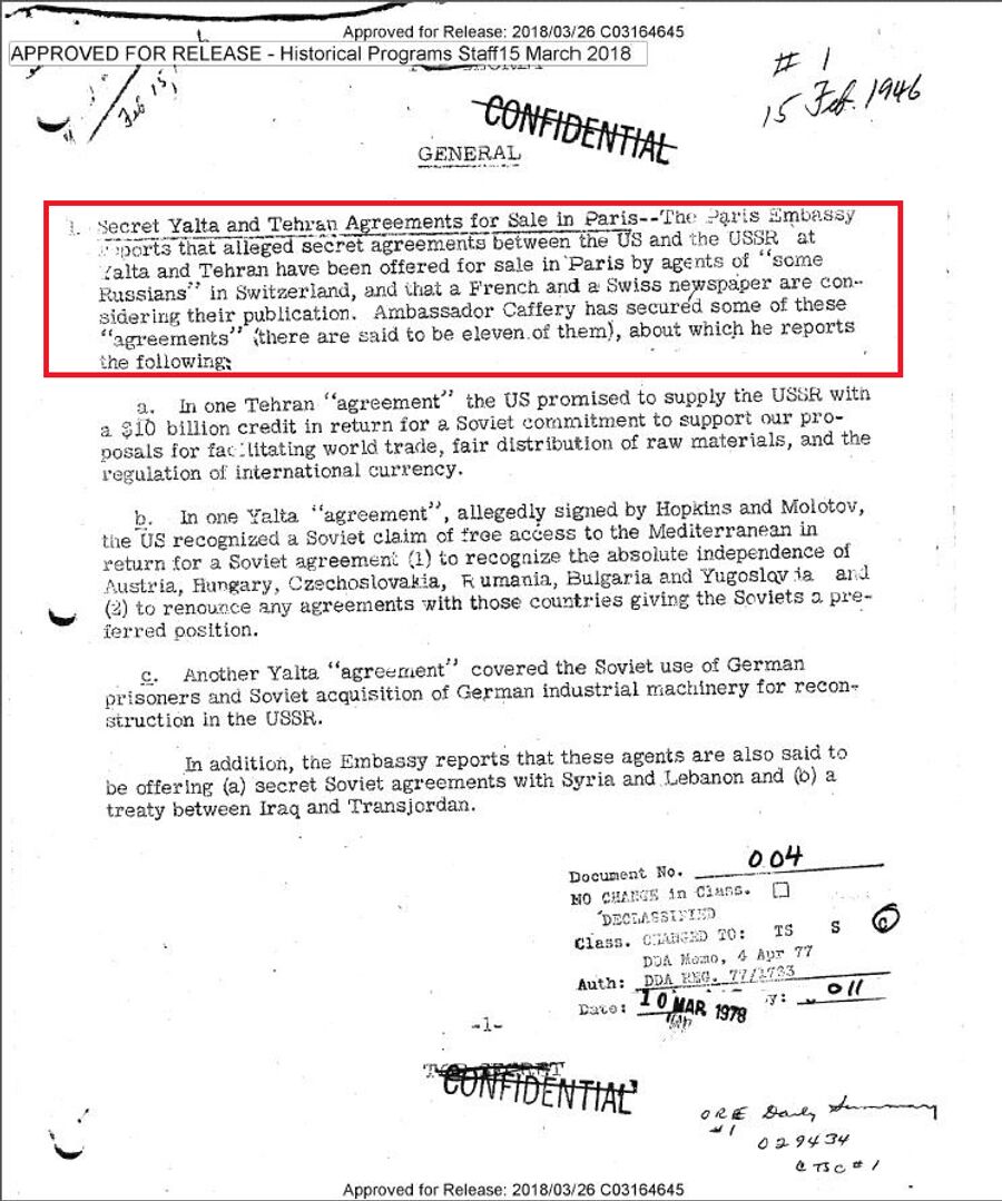 Сводка донесений разведки для президента США Гарри Трумэна от 15 февраля 1946 года, в которой говорится о предложениях каких-то русских продать секретные документы Ялтинской и Тегеранской конференций