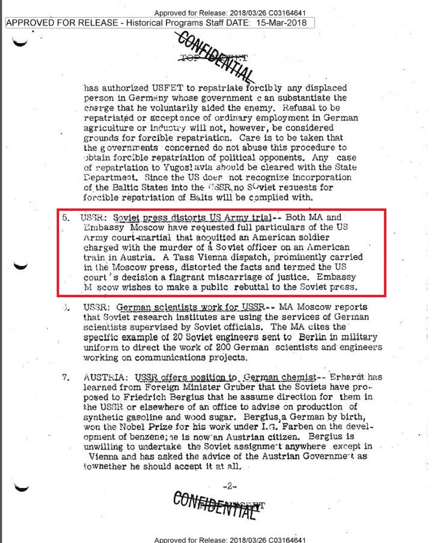Подпись: Сводка донесений разведки для президента США Гарри Трумэна от 1 марта 1946 года, в которой говорится о том, что советские СМИ исказили  материалы суда над американским военнослужащим, убившим советского солдата