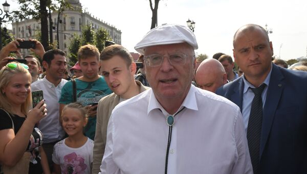 Лидер ЛДПР Владимир Жириновский во время митинга против пенсионной реформы на Пушкинской площади в Москве. 9 сентября 2018