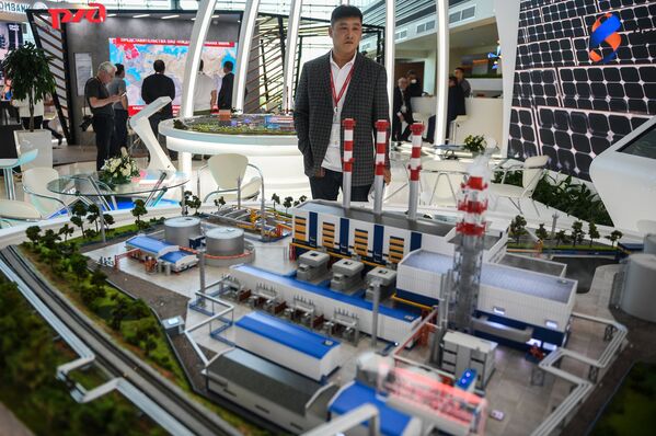 Посетитель осматривает макет ТЭЦ «Восточная» на стенде российской энергетической компании ПАО РусГидро