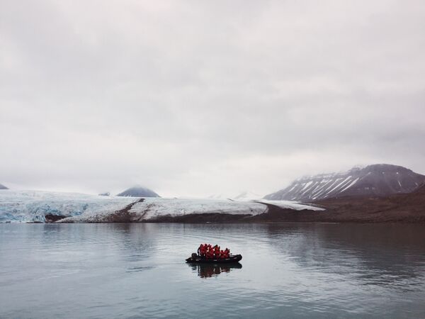 Фронт ледника Норденшельда. Лодка направилась к белому медведю на берегу