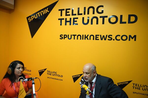 Генеральный директор Исследовательского центра Международная торговля и интеграция Владимир Саламатов в радиорубке Sputnik