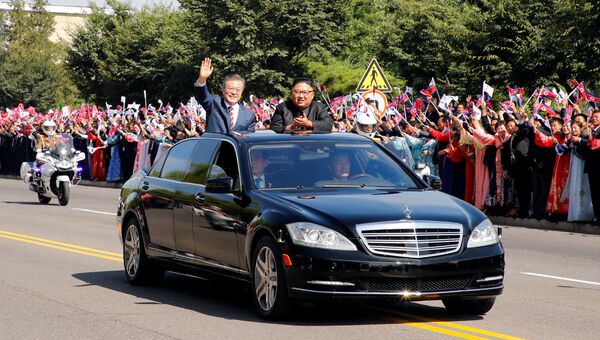 Президент Южной Кореи Мун Чжэ Ин и лидер Северной Кореи Ким Чен Ын во время парада в Пхеньяне