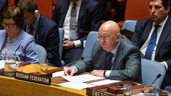 Постоянный представитель РФ при Организации Объединённых Наций Василий Небензя выступает на заседании Совета безопасности ООН о ситуации в Сирии. 18 сентября 2018