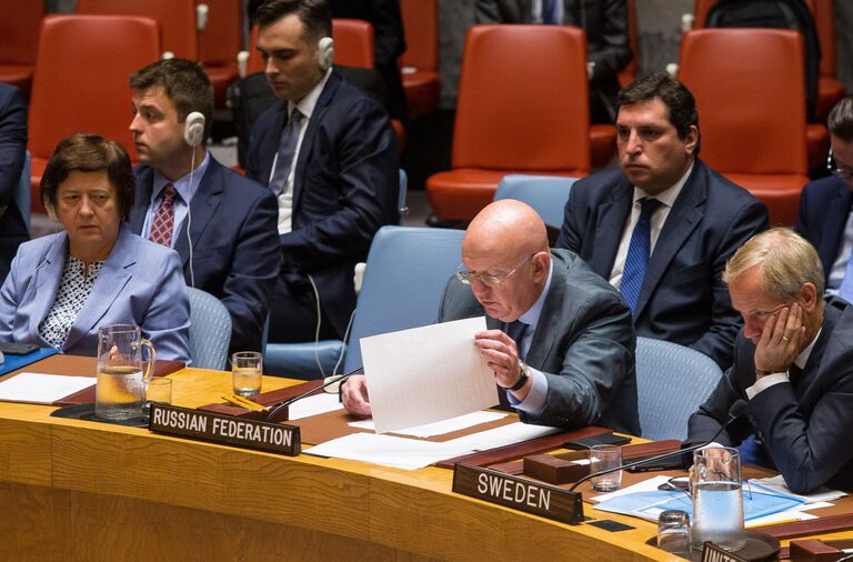 Постоянный представитель РФ при Организации Объединённых Наций Василий Небензя выступает на заседании Совета безопасности ООН о ситуации в Сирии. 18 сентября 2018