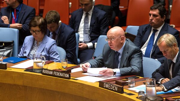 Постоянный представитель РФ при Организации Объединённых Наций Василий Небензя выступает на заседании Совета безопасности ООН о ситуации в Сирии. 18 сентября 2018