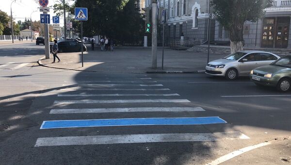 Закрашенная синей краской дорожная разметка в центре Саратова