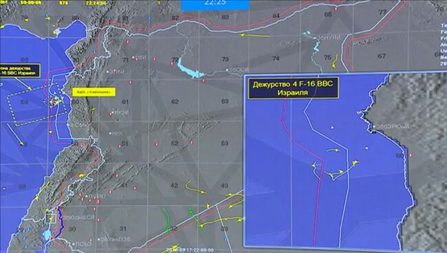 Фрагмент инфографики на экране во время специального брифинга министрства обороны России об обстоятельствах крушения Ил-20 ВКС России у побережья Сирии