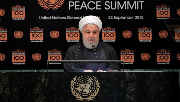 Президент Ирана Хасан Роухани выступает во время 73-ей сессии Генассамблеи ООН в Нью-Йорке. 24 сентября 2018