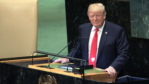 Президент США Дональд Трамп выступает на Генеральной Ассамблее Организации Объединенных Наций в Нью-Йорке. 25 сентября 2018