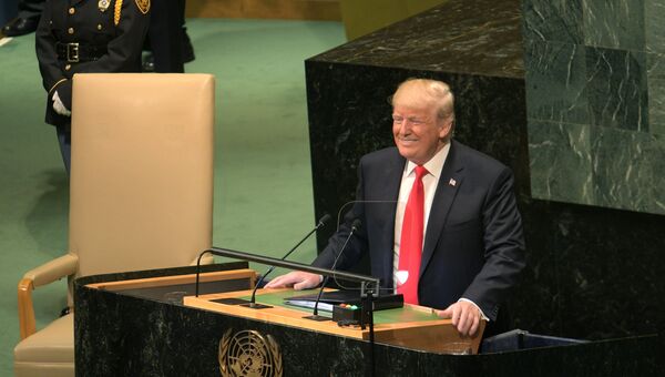 Дональд Трамп выступает на Генеральной Ассамблее Организации Объединенных Наций в Нью-Йорке. 25 сентября 2018