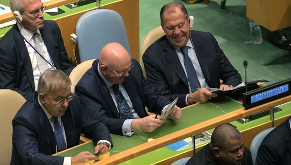 Сергей Лавров, Василий Небензя и Сергей Вершинин на Генеральной Ассамблее ООН в Нью-Йорке