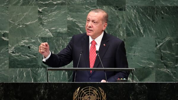 Президент Турции Тайип Эрдоган выступает на Генеральной ассамблее ООН в Нью-Йорке