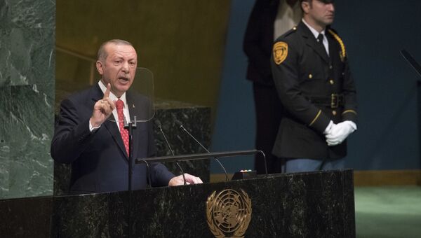 Президент Турции Реджеп Тайип Эрдоган выступает на Генеральной Ассамблее ООН в Нью-Йорке. 25 сентября 2018
