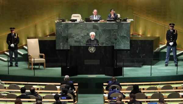 Президент Ирана Хасан Роухани на 73-ей сессии Генассамблеи ООН в Нью-Йорке. 25 сентября 2018