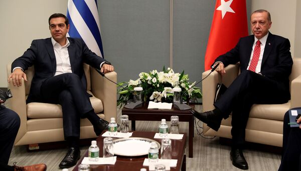 Премьер-министр Греции Алексис Ципрас и президент Турции Тайип Эрдоган на встрече во время Генассамблеи ООН в Нью-Йорке. 25 сентября 2018
