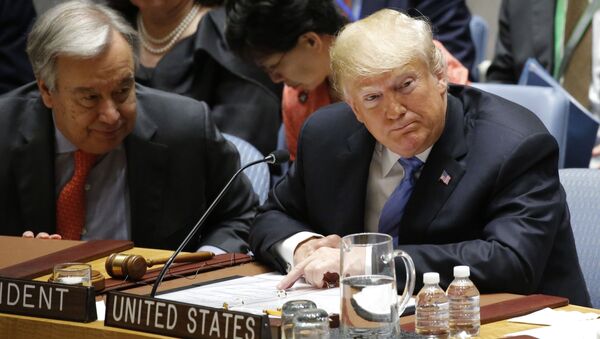 Президент США Дональд Трамп во время заседания Генассамблеи ООН в Нью-Йорке. 26 сентября 2018