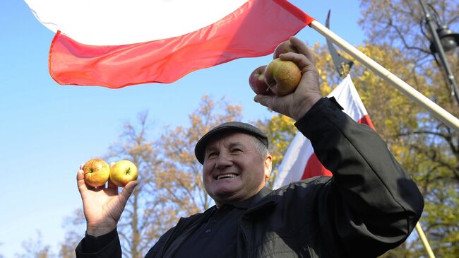 Польский фермер на акции протеста в Варшаве против запрета на ввоз польских овощей и фруктов в Россию. Архивное фото