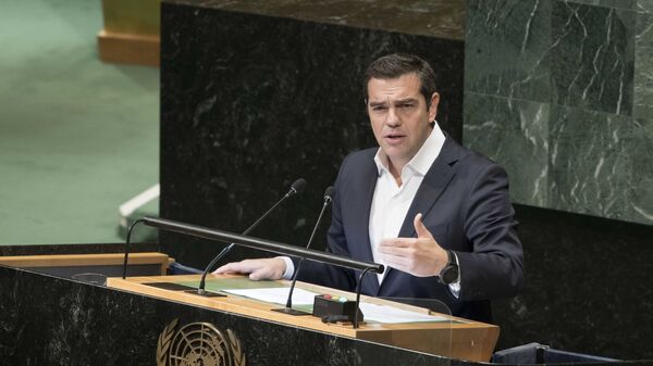 Премьер-министр Греции Алексис Ципрас во время выступления на Генеральной Ассамблее ООН в Нью-Йорке. 28 сентября 2018