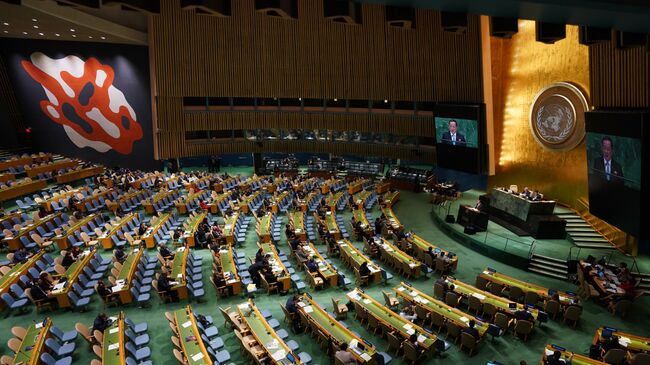 Министр иностранных дел Северной Кореи Ли Ен Хо обращается к 73-й Генеральной Ассамблее ООН. 29 сентября 2018