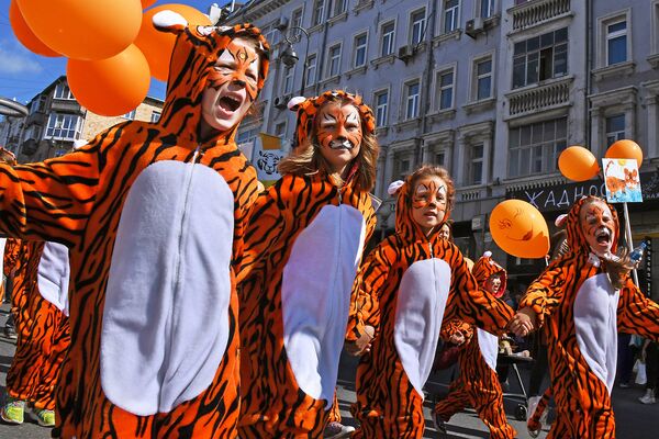 Юные участницы праздничных мероприятий, посвященных Дню тигра, во Владивостоке