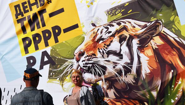 Отдыхающие фотографируются на фоне баннера с тигром на праздничных мероприятиях, посвященных Дню тигра, во Владивостоке