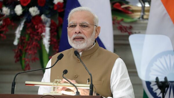 Премьер-министр Республики Индии Нарендра Моди во время заявления для СМИ по итогам российско-индийских переговоров в Нью-Дели. 5 октября 2018
