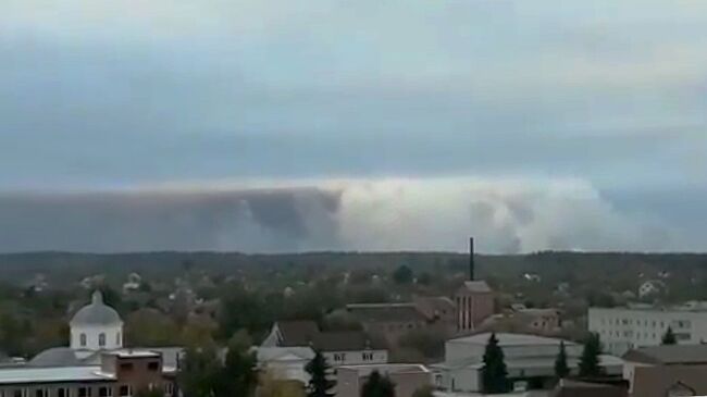 Дым от взрывов на складе с боеприпасами в районе населенного пункта Ичня Черниговской области, Украина. 9 октября 2018 (скриншот видео)