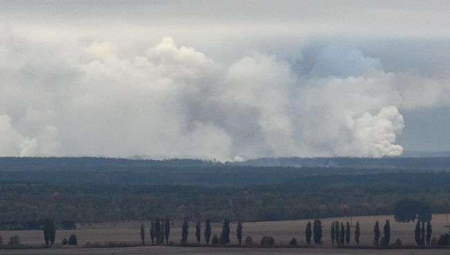 Дым от взрывов на складе с боеприпасами в районе населенного пункта Ичня Черниговской области, Украина. 9 октября 2018