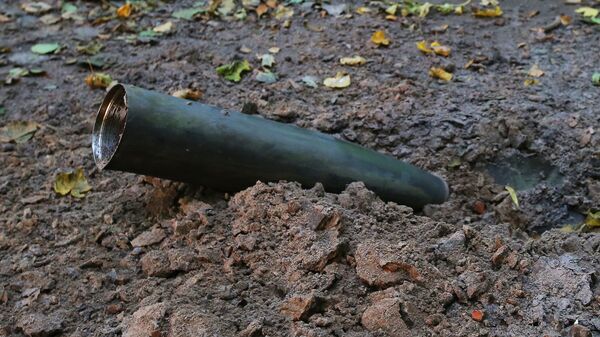 Оболочка снаряда в лесу после взрыва на военном складе под Черниговом. Архивное фото