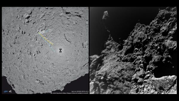 Карта перемещений (слева) и первая фотография, переданная ровером MASCOT с астероида Рюгю