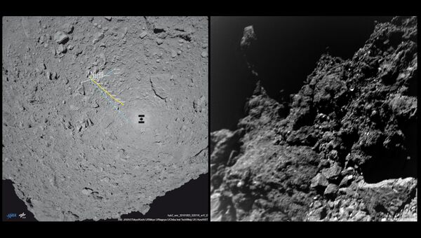 Карта перемещений (слева) и первая фотография, переданная ровером MASCOT с астероида Рюгю
