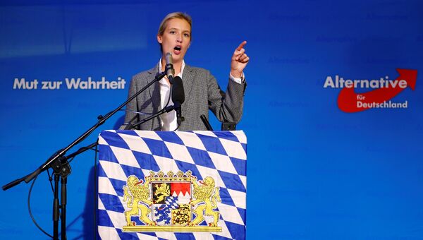 Алис Вайдель (Альтернатива для Германии) выступает перед своими сторонниками после объявления данных экзит-поллов на выборах в баварский ландтаг. 14 октября 2018