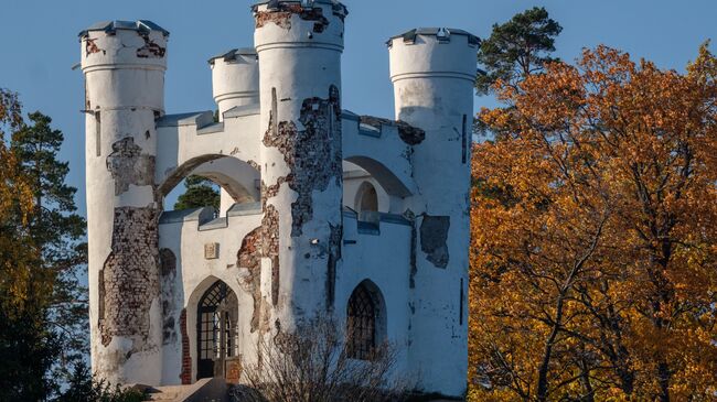 Остров Мертвых и декоративный замок Людвигштайн в скальном пейзажном парке Монрепо в Выборге