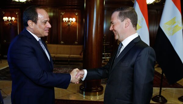 Дмитрий Медведев и президент Арабской Республики Египет Абдель Фаттах ас-Сиси во время встречи. 16 октября 2018